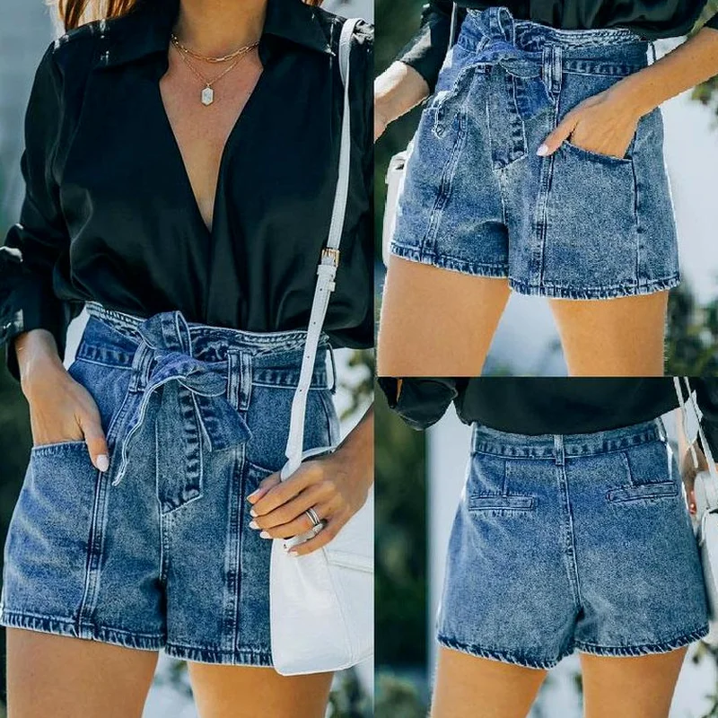 Ladies Elastic High Waist Straight Buckle Belted Jeans Shorts Woman Clothing Summer Straight Leg Casual Bandage Denim Shorts