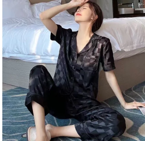 New female silk long sleeve pajamas high-grade ice silk jacquard lattice can be worn outside the household to take my pajamas