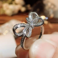 huitan bling bow rings for women luxury silver color fashion finger accessories party anniversary gift romantic female jewelry