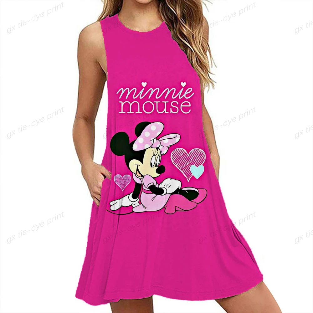 

Summer Pocket Dress Women Disney Minnie Mickey Mouse Print Mini Dress Casual Beach Party Dress Sleeveless Sundress Vestidos Y2K