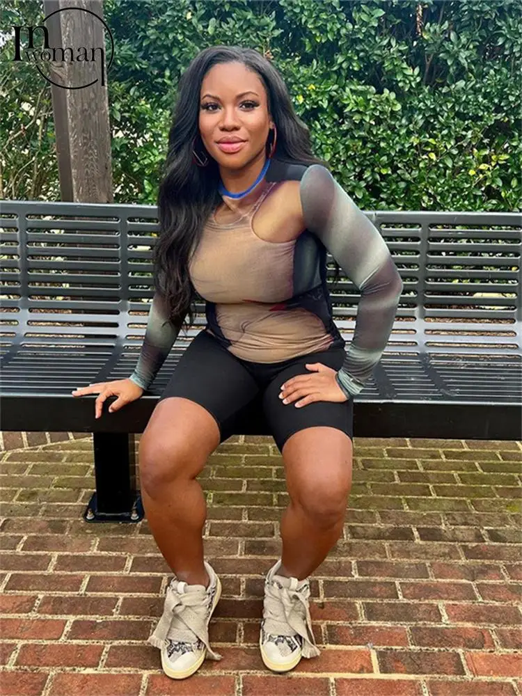 

Inwoman Autumn Sexy Mesh Print T Shirt Club Outfit For Women 2022 Long Sleeve O Neck Casual Top Female Slim Fashion Tee Shirt