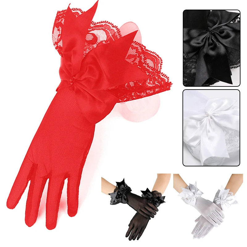

Женские тонкие короткие эластичные рукавицы с бантом, кружевные сетчатые перчатки, перчатки с защитой от УФ-лучей, рукавицы для езды на велосипеде и вождения, перчатки с пятью пальцами