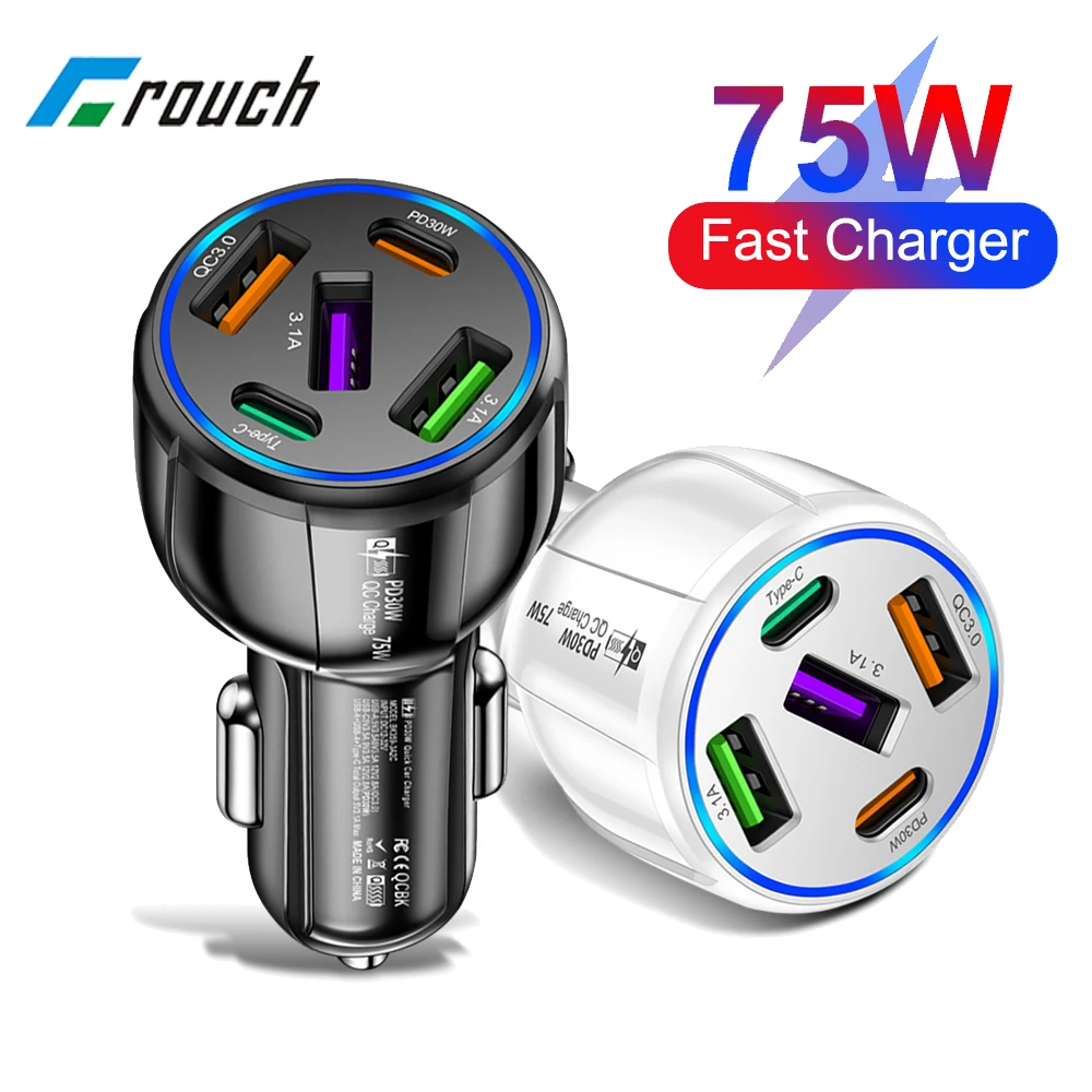 

5 Ports 75W USB Car Charger Type C USBC Car Fast Charging QC3.0 PD Car Phone Chargers Adapter For iphone Xiaomi Huawei Samsung