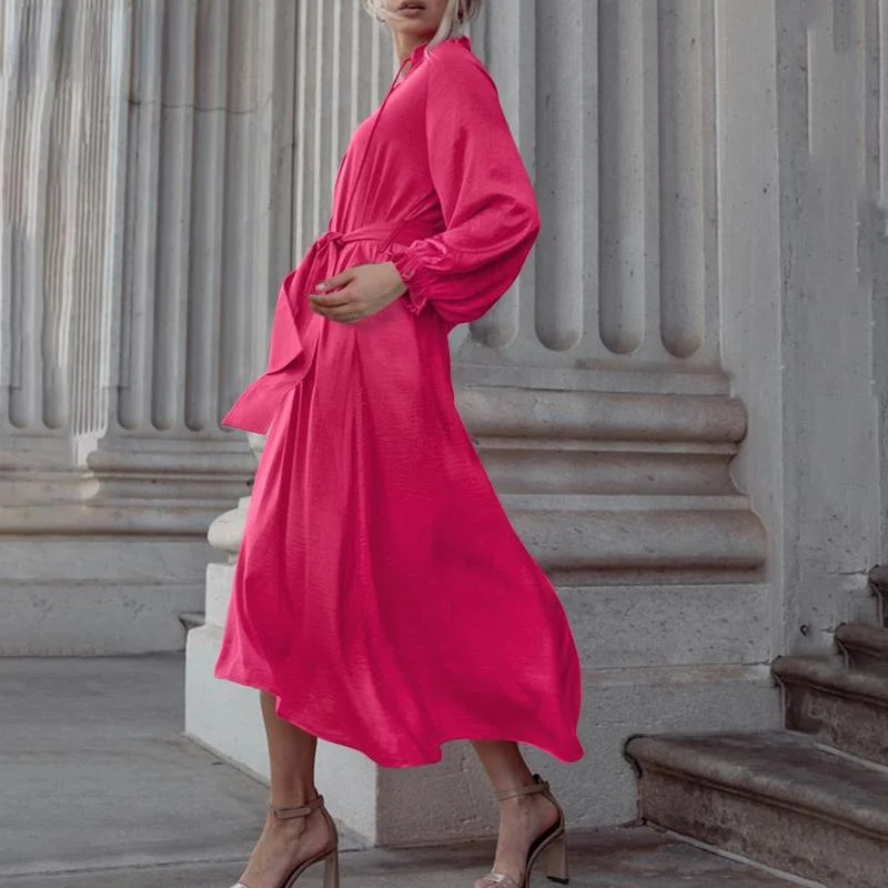 

Women's Bohemian Midi Dress 2021 Fall Puff Sleeve Elegant Drawstring Evening Dress Casual Solid Color Split Sun Skirt Party Robe