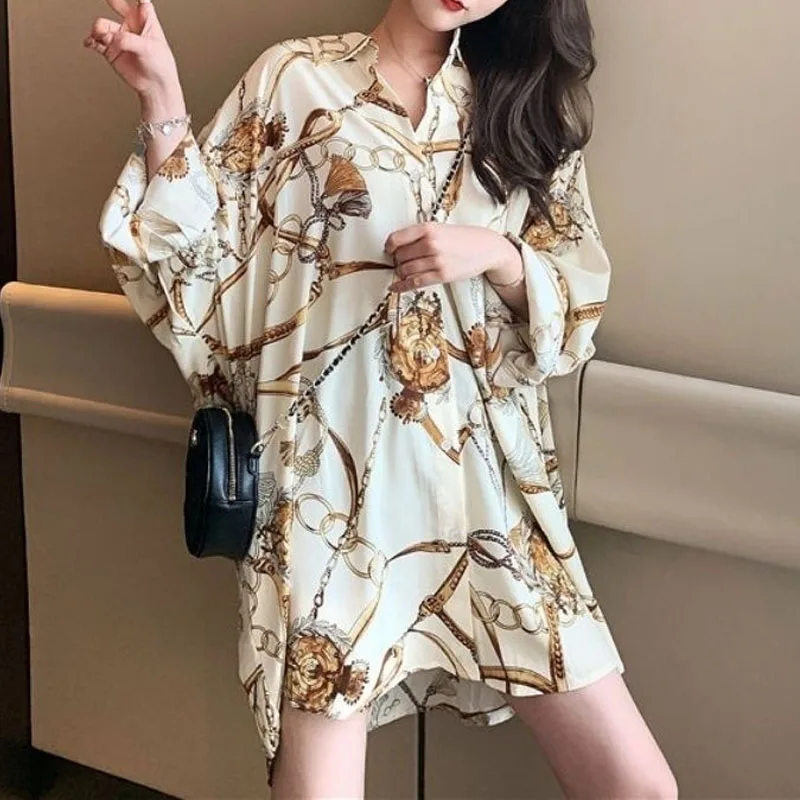 Summer Thin Loose Casual Printed Chiffon Shirt Women Top Long Sleeve Korean Fashion Turn-down Collar Blouses