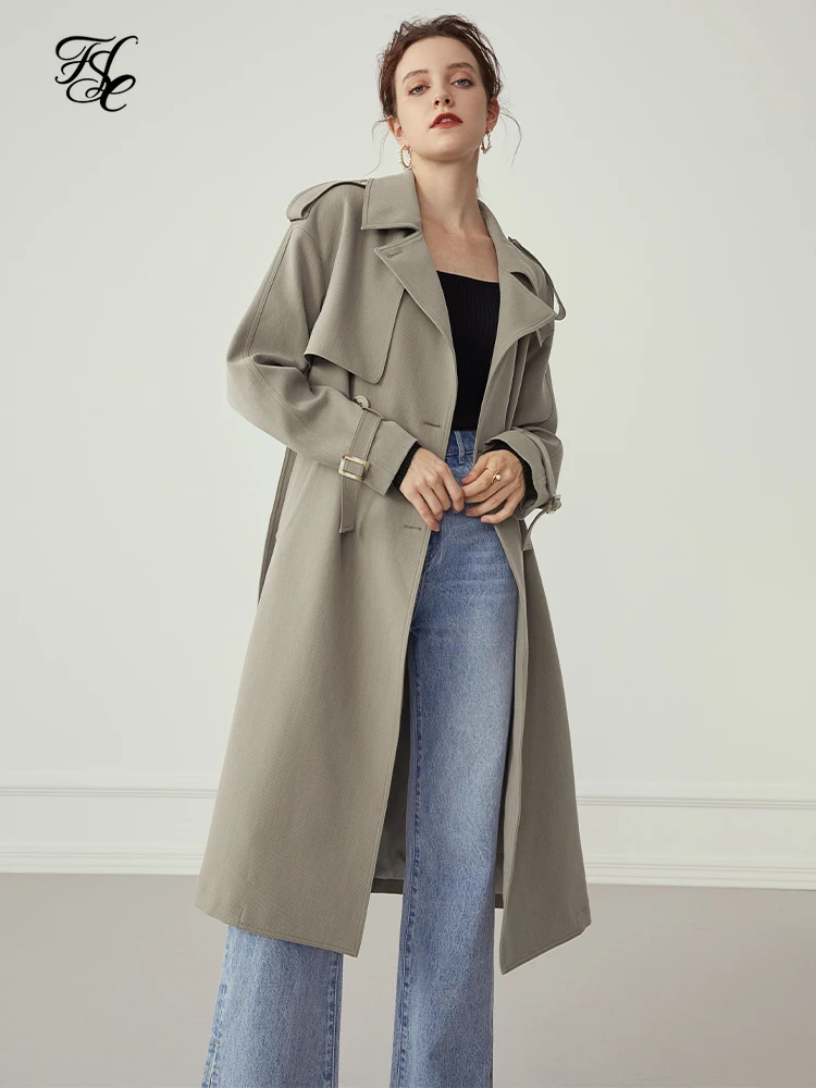 

FANSILANEN Fashion Autumn Winter Long Trench Coat Women's Windbreaker Casual Streetwear Belt Jacket Elegant Green Trench Femme