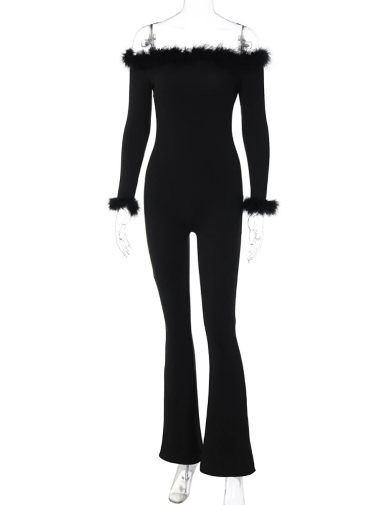 Ladies Tube Sexy Club Wear Y2K Clothes Feather Long Sleeve Backless Bodycon Skinny Jumpsuit For Women Birthday Party Fall Outfit