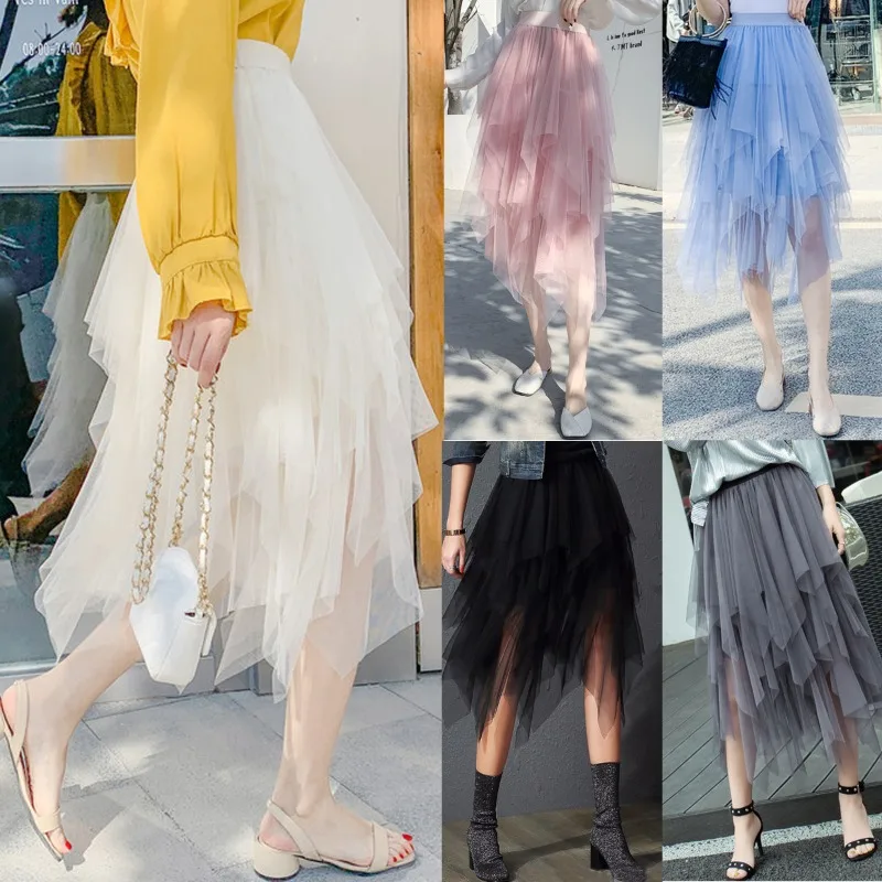 

Womens Autumn 3 Layers Princess Tulle Mesh Pleated Skirt Female Jupe Summer Tutu Skirts Mujer Moda Irregular Gauze Skirt