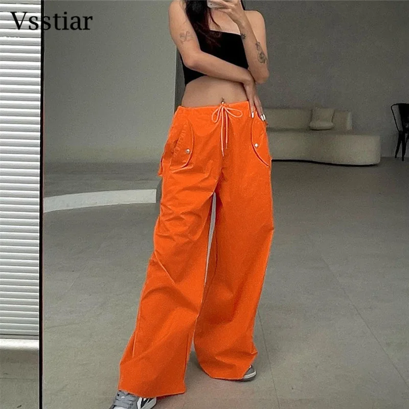

Брюки-карго Vsstiar Y2K женские, модные уличные штаны с широкими штанинами, прямые Свободные Комбинезоны большого размера с карманами и кулиской