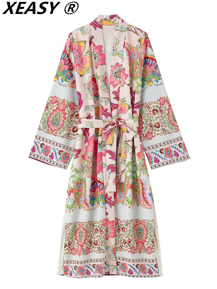 

XEASY Blouses For Women Fashion 2022 Vintage Kimono Cardigan Woman Long Sleeve Top Long Tunic For Women Waist Belt Print