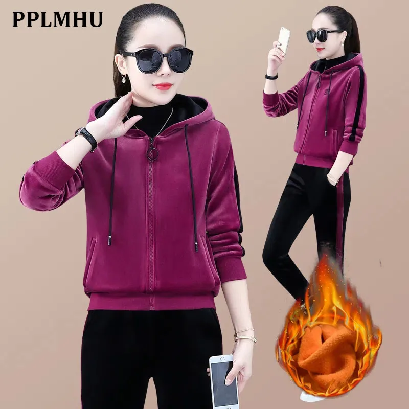 

Fall Winter Thick Warm Casual Velvet Tracksuit 2 Piece Set Women Outfits Korean Hooded Zip Up Sweatshirt Jogging Velour Pantsuit