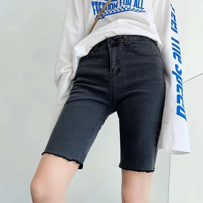 2023 Women High Street Straight Denim Shorts Sexy Vintage Short Pants Summer High Waist Shorts Hurr Hem Knee Length Jeans