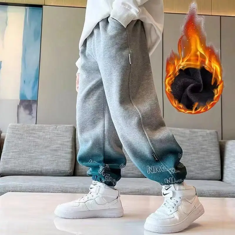 

Новинка 2023, градиентные флисовые свободные плотные брюки, корейские спортивные брюки для мальчиков и девочек с перекрестной шнуровкой, универсальные повседневные