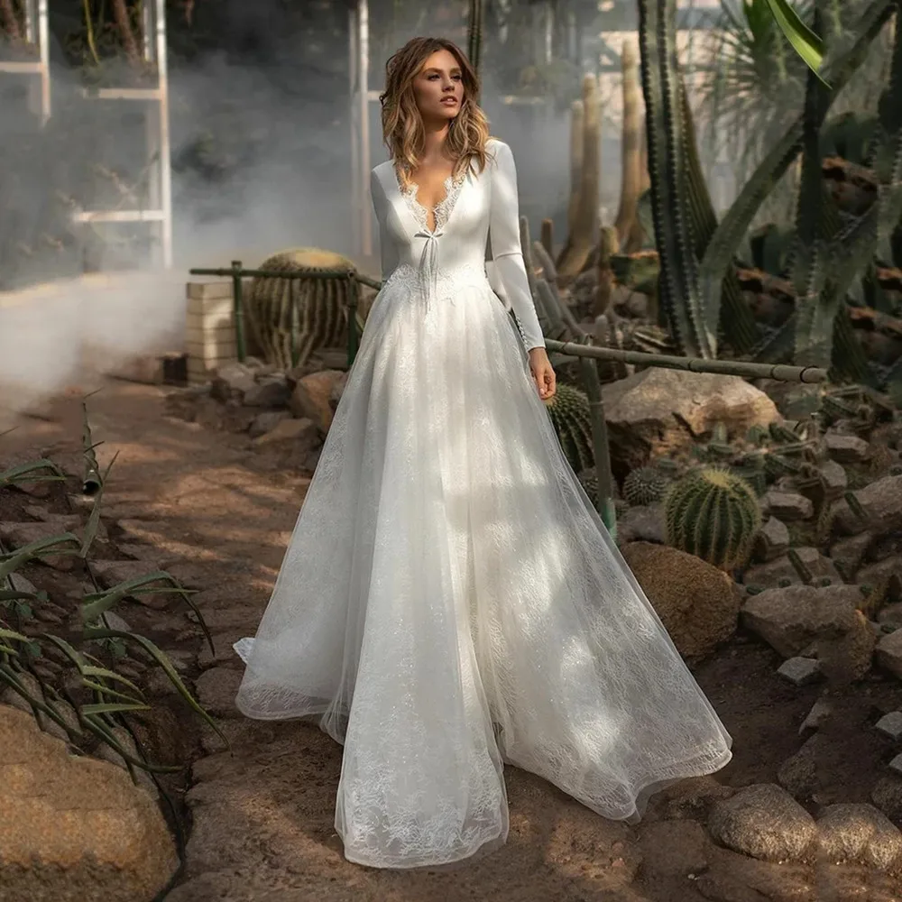 

Simple A-Line V-Neck Wedding Dress Boho Sleeveless Satin Bridal Gowns Off The Shoulder Backless Train Vestido De Noiva