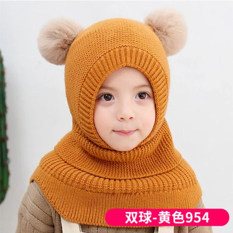 Autumn and Winter 2022 Girls' Korean Double Ball Ear Protection One piece Hat Boys' Knitted Wool Hat One piece Shawl Children's