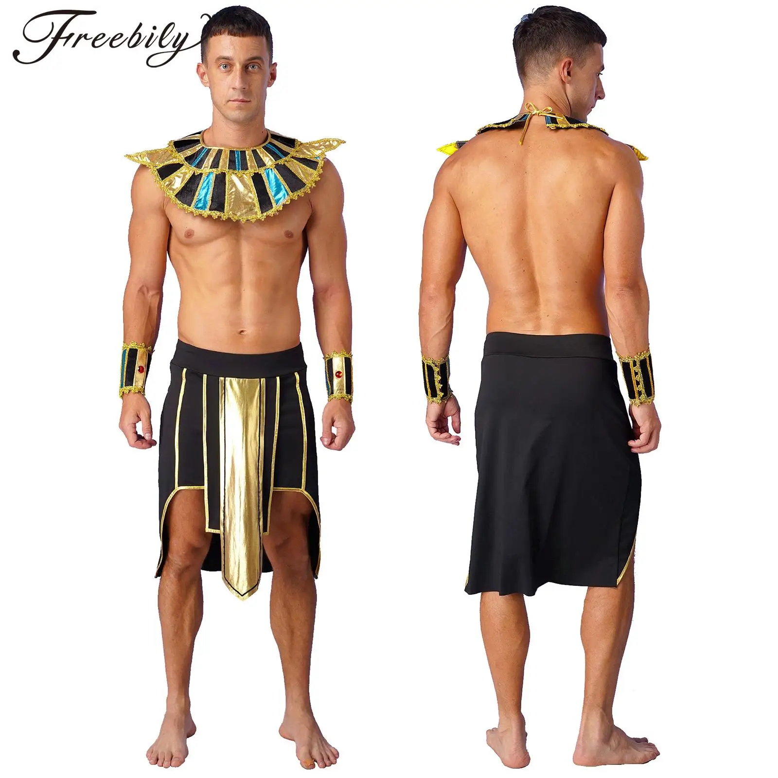 

Mens Ancient Egypt Pharaoh King Cosplay Costume Halloween Theme Party Dress Up Clothes Asymmetrical Hem Skirt with Cuffs Collar
