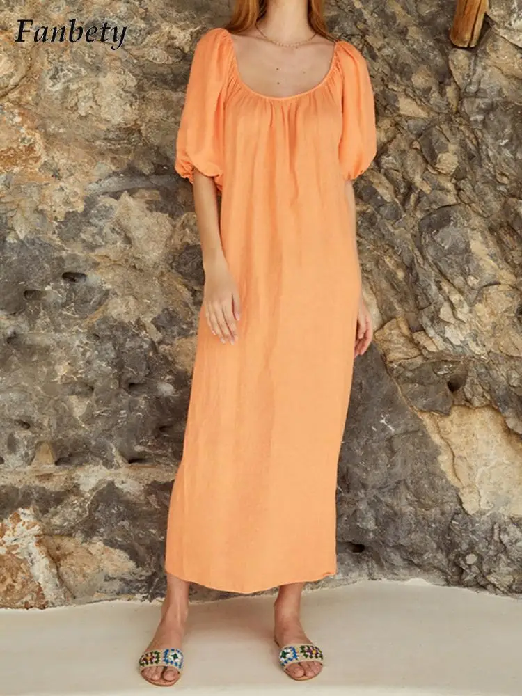 

Fashion Solid Color Party Dress 2022 Summer New asual Puff Sleeve Pullover Beach Dress Ladies Spring Vintage O-Neck Loose Dress