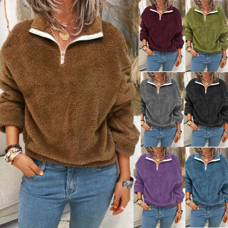Women Hoodies Zipper Lapel Collar Solid Color Autumn and Winter Plus Velvet Fleece Fashion Casual Female Sweatshirt
