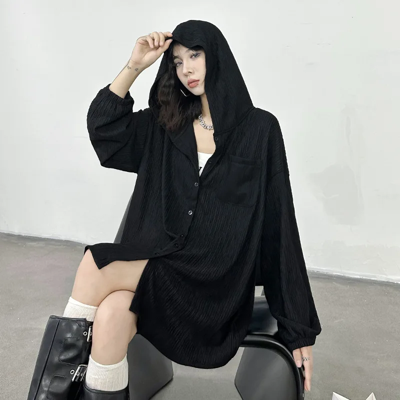 

Женская Осенняя черная рубашка с капюшоном и длинным рукавом