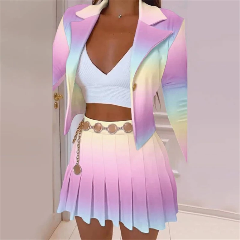 

Multi Color Print Two Piece Set Women One Button Long Sleeve Blazer Jacket Top Pleated Mini Skirts Office Ladies Autumn Suits