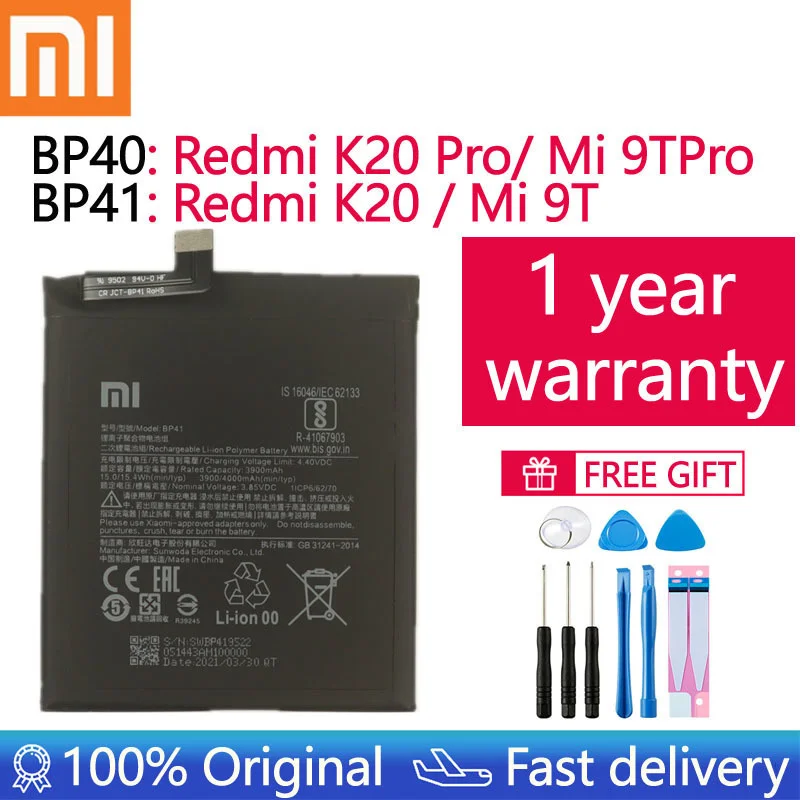 

Xiao Mi 100% Original Battery BP41 BP40 For Xiaomi Redmi K20 Mi 9T Pro Mi9T K20Pro 4000mAh High Capacity Phone Batteria Akku