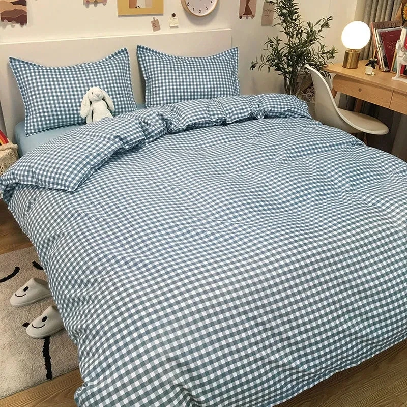 Nordic Simple Blue Plaid Duvet Cover Sets With Pillow Case B