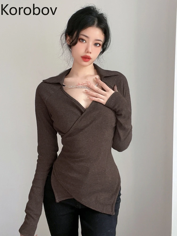 

Korobov Autumn Winter Vintage Streetwear Babes V Neck Design Lapel Long Sleeves T-shirts Female Irregular Slim Fit Camisetas