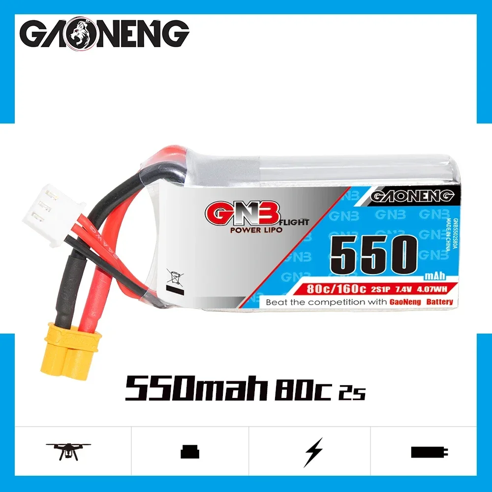 

2PCS Gaoneng GNB 2S1P 550mAh 7.4V 80C Lipo Battery With JST XT30 Plug For Aurora 90 Emax Babyhawk Mini RC FPV Racing Drone Parts