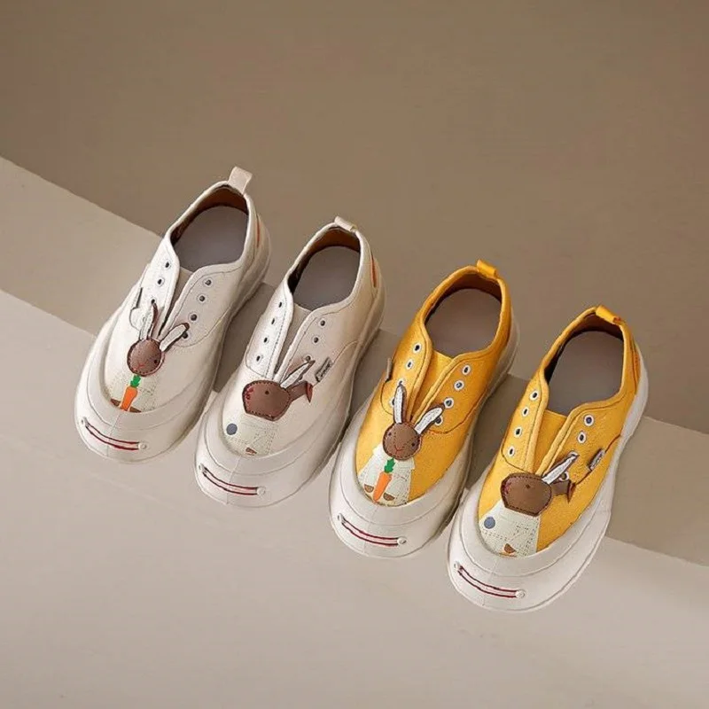 2023 new korean rabbit canvas shoes women's chunky platform trainers summer slip on sneaker woman designer preppy shoes loafers