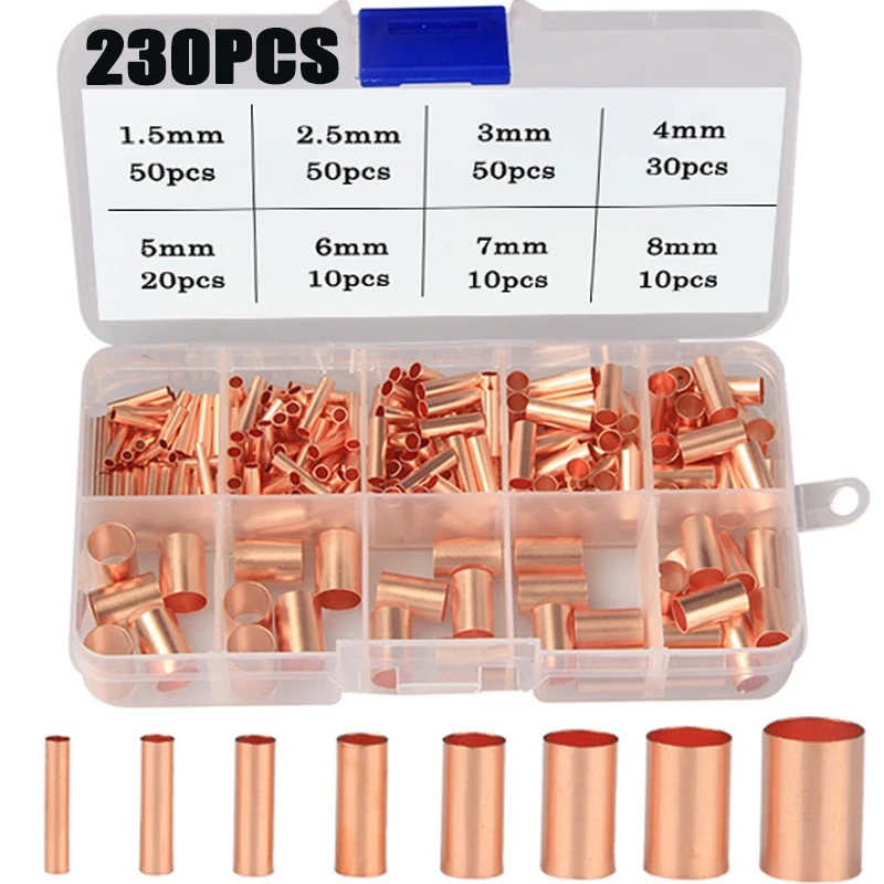 230Pcs 1.5-8mm Wire Joint Small Copper Tube Cold Pressed Copper Connecting Pipe Intermediate Joint Direct Connection