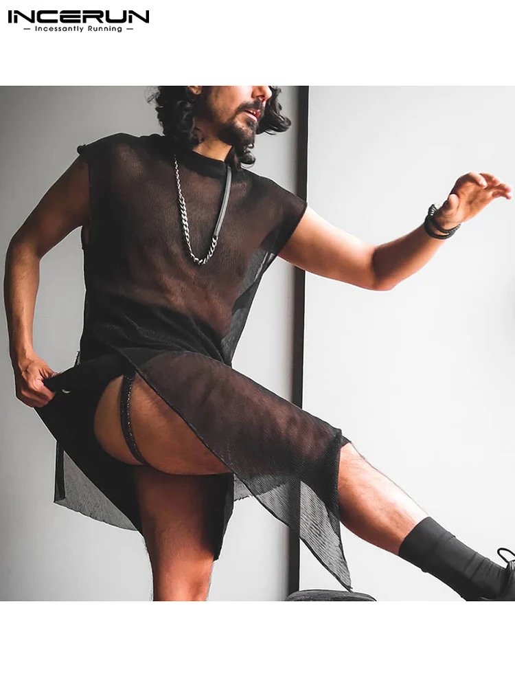 

Party Nightclub Style Men's Sexy Waistcoat Comfortable Mesh Male Round Neck Mid-length Sleeveless Vests S-5XL INCERUN Tops 2022