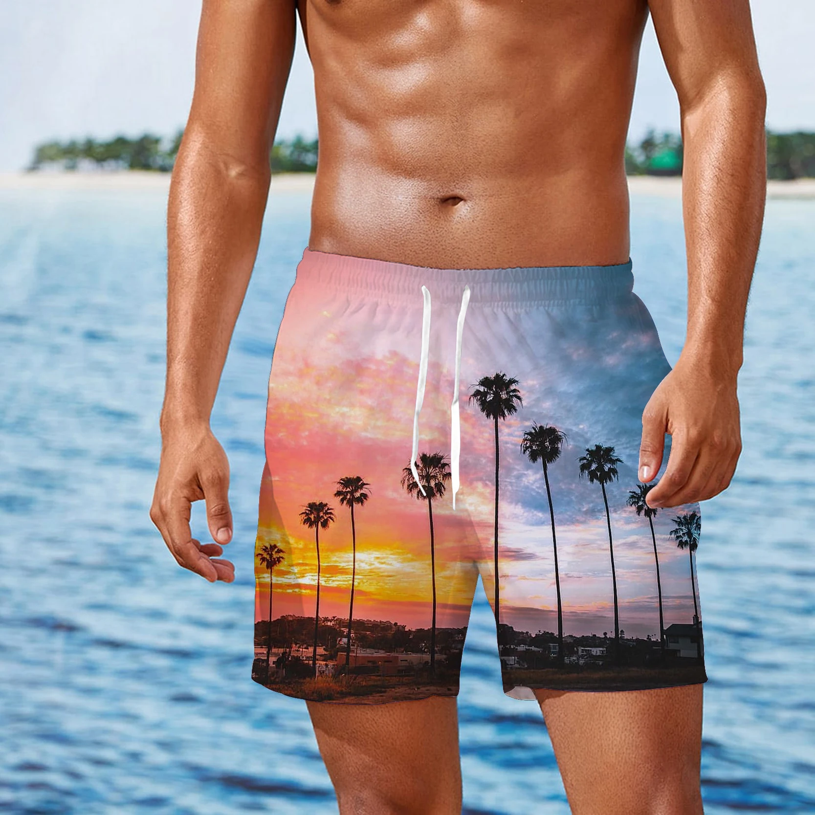 

Foreign Trade Plus Size Shorts Drawstring Holiday Beach Pants Men's 3D Coconut Tree Printing Island Sunset Series Casual Pants