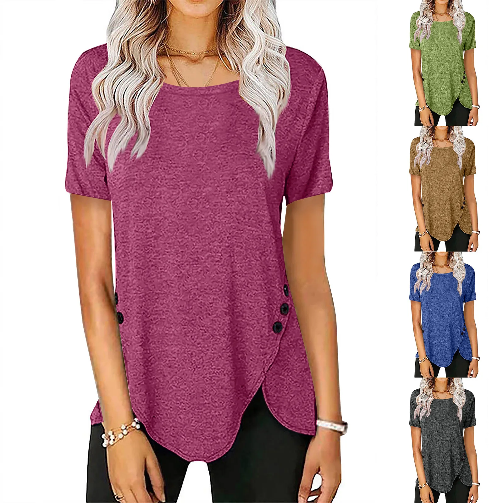 

Футболка женская однотонная с коротким рукавом, повседневный Свободный Топ с круглым вырезом и пуговицами на подоле, на лето