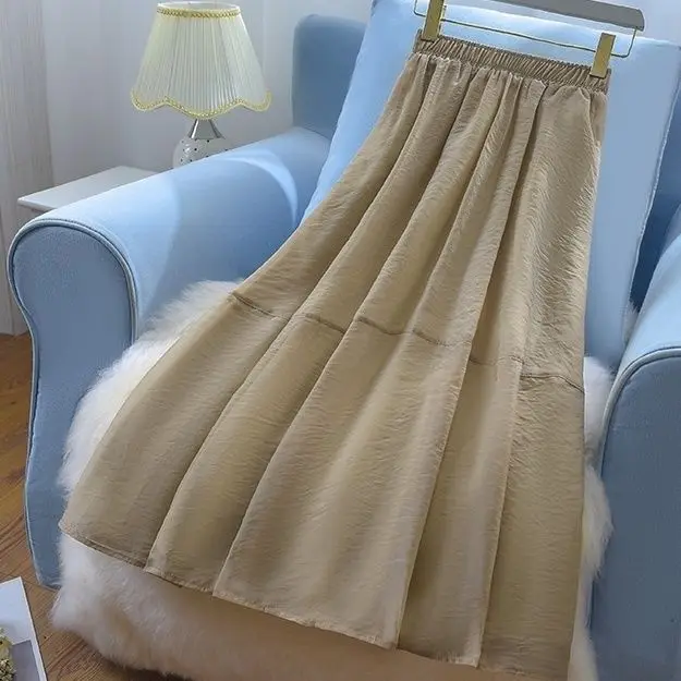 

2023 Autumn Korean Pleated High Waist Skirt Women Clothes Korean Solid Color Loose Elastic Waist A-line Skirt Ladies Sweet J158