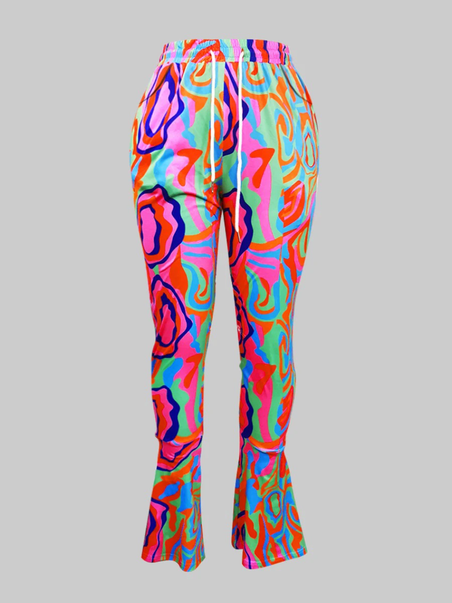 Брюки-клеш женские разноцветные с завышенной талией и принтом