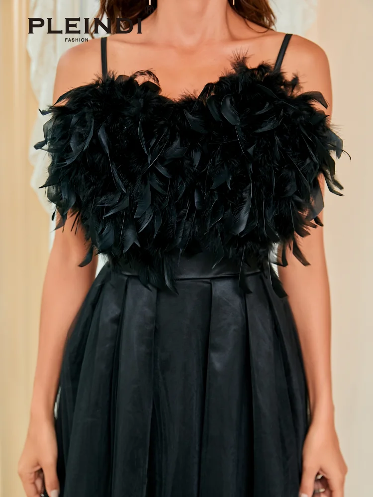 PLEINDI Elegant Evening Dresses Tulle Spaghetti Strap Feathers Backless Ankle Length 2022 New of Simple Party Women Prom Dress