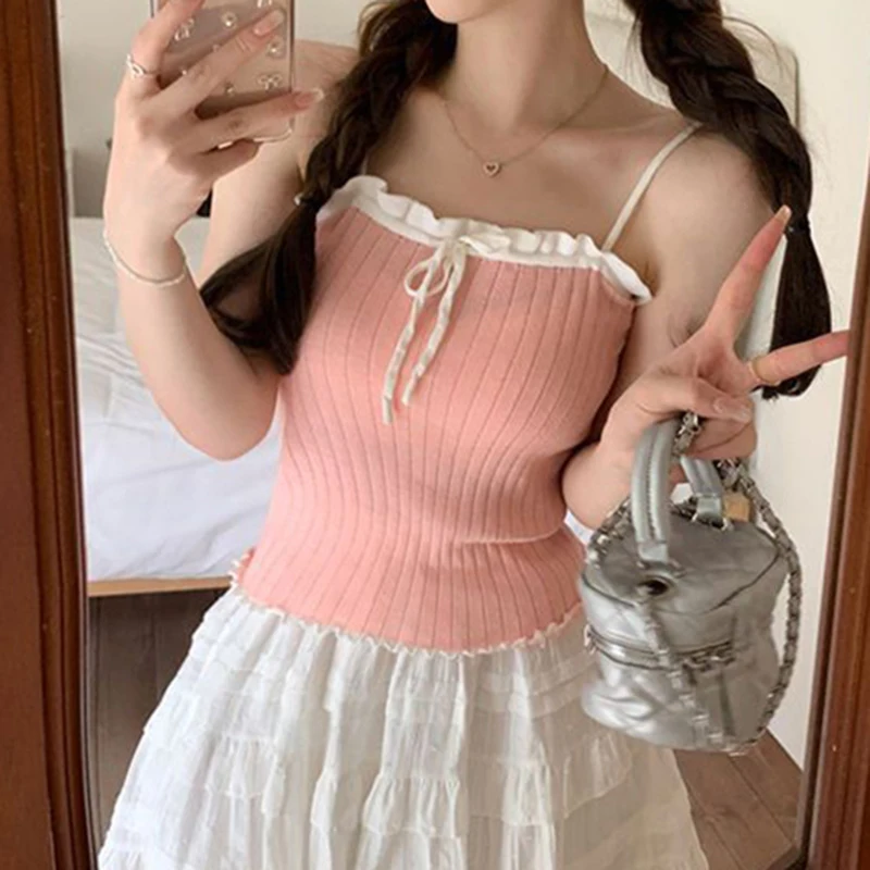 Y2K эстетичные трикотажные майки контрастных цветов на завязках кофта в Корейском