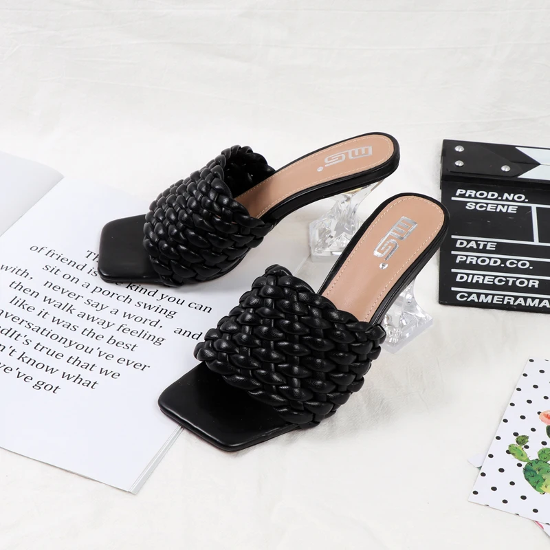 Large-size high-heeled slippers woven with crystal sandals 2022 summer joker black Transparent heel square toe women's shoes
