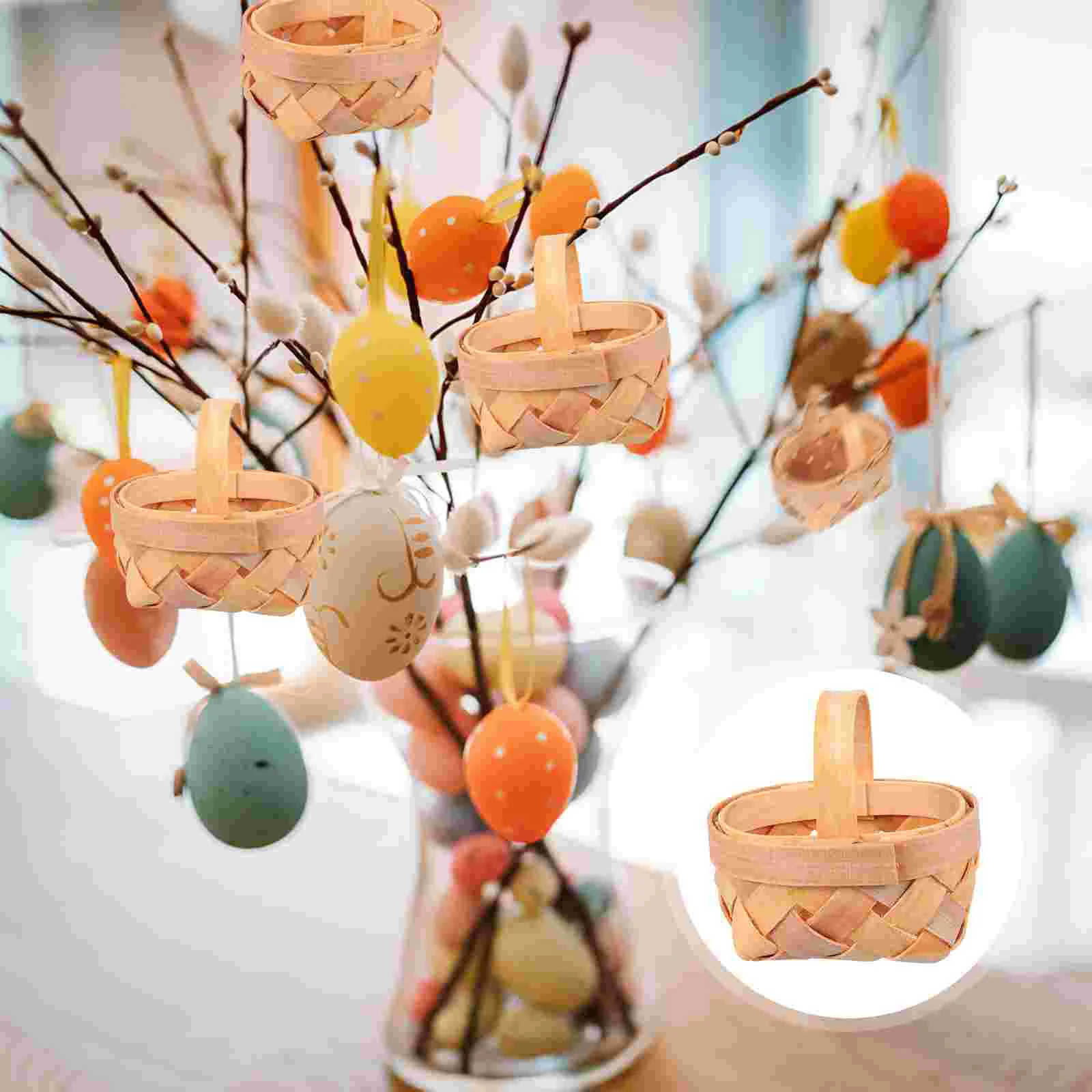 

12pcs Woven Baskets with Handles Tree Hanging Miniature Wooden Chip Baskets Ornaments for Farmhouse Rustic Wedding Party