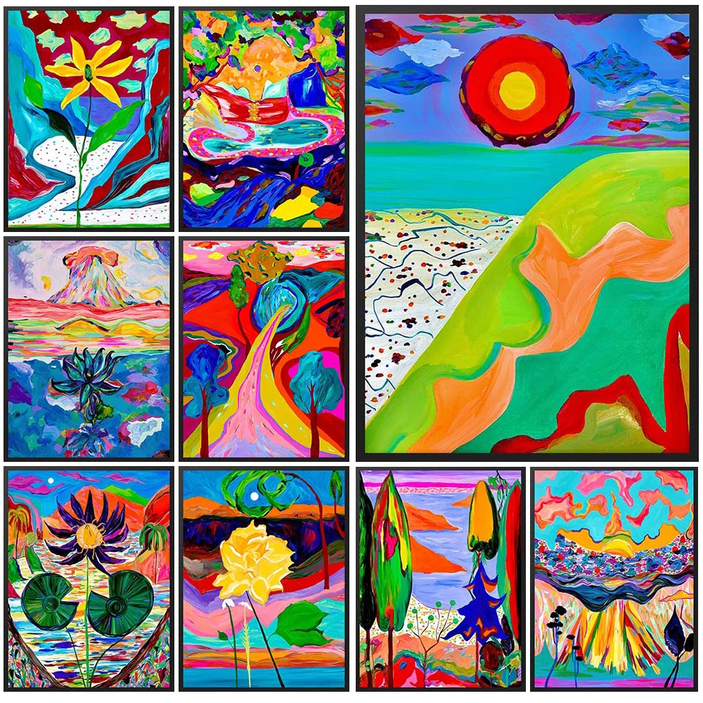 Мультяшный пейзаж Подсолнух гора цветной постер настенная Картина на холсте