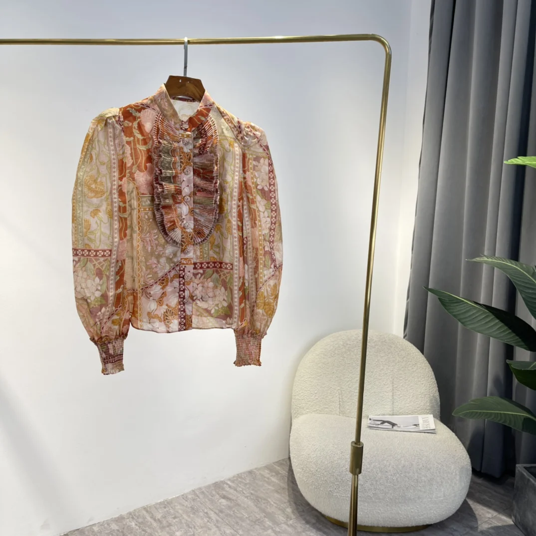 

Женская блузка из шелка и льна, элегантная Длинная блузка с рукавами-фонариками и принтом оранжевых цветов, лето 2022