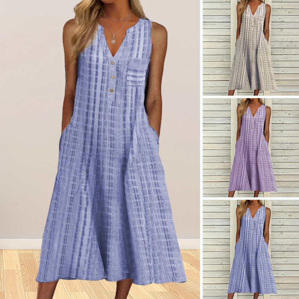 

Women's Summer Dress with Pockets Button Down Casual Loose Sleeveless Midi Dress Comfortable for Dating Shopping V-Neck SEC88