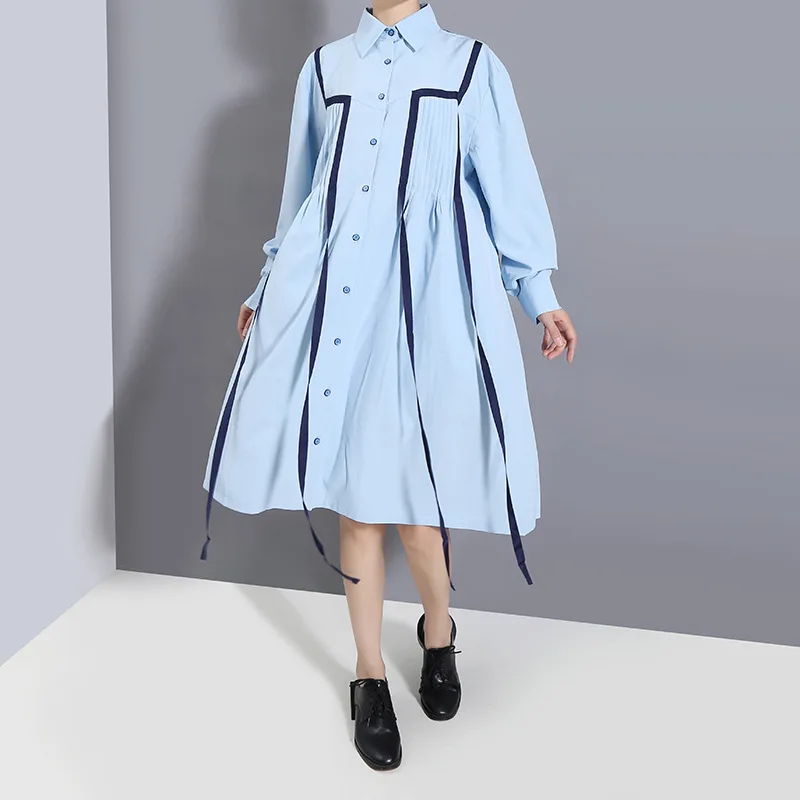 

Korean Fashion Loose Woman Dress Ribbon Colorblock Single-breasted Button Trun Down Collar Long Shirt Sleeve Women Clothing