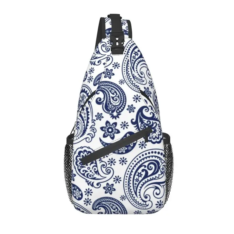 Cool Blue And White Vintage Paisley Style Crossbody Sling Backpack Men Flowers Pattern Shoulder Chest Bags for Traveling