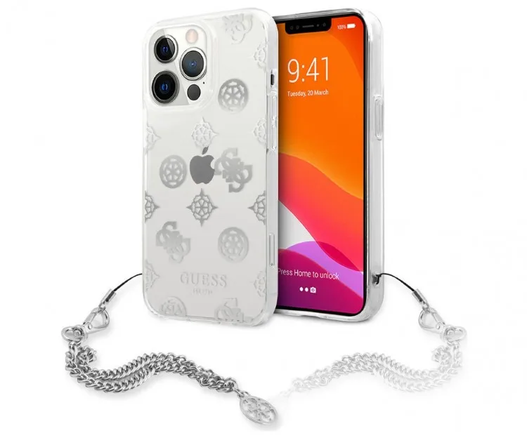 Чехол CG Mobile Guess PC/TPU Peony Hard + Siver hand chain для iPhone 13 Pro цвет Прозрачный/Серебристая цепь -