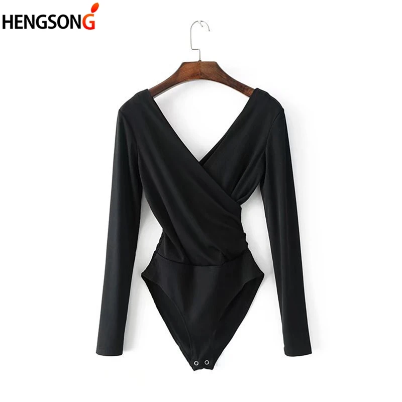 

2021 New Summer Women Long Sleeve Bodysuit Sexy Backless Bodysuit Black White Slim V-neck Bodysuit For Female