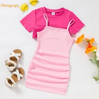 kids children girls summer solid short sleeve top t shirts off shoulder tight straight dresses baby clothing set 2pcs 4 7y