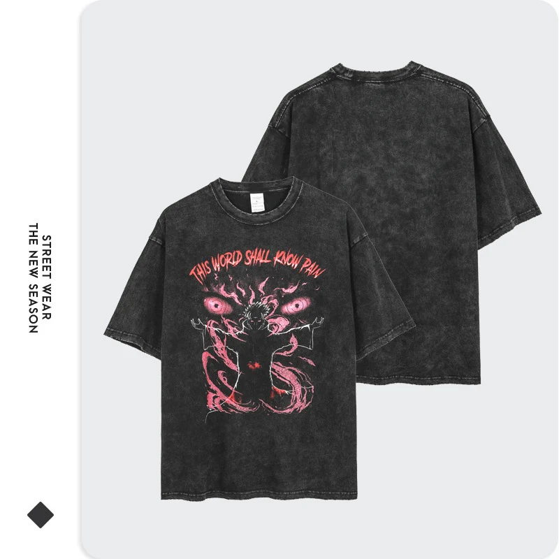 

Футболка мужская с принтом боли аниме, промытый топ в стиле ретро из 100% хлопка, уличная одежда в стиле Харадзюку, рубашка в стиле хип-хоп, лет...