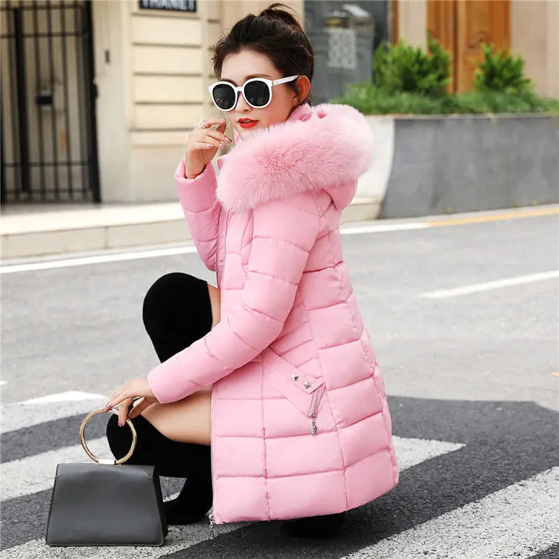 Women's Fashion Winter Jacket Pure Cotton Pure Color Hooded Large Fur Collar Warm Thick Casual Loose Parka Coat Jacket