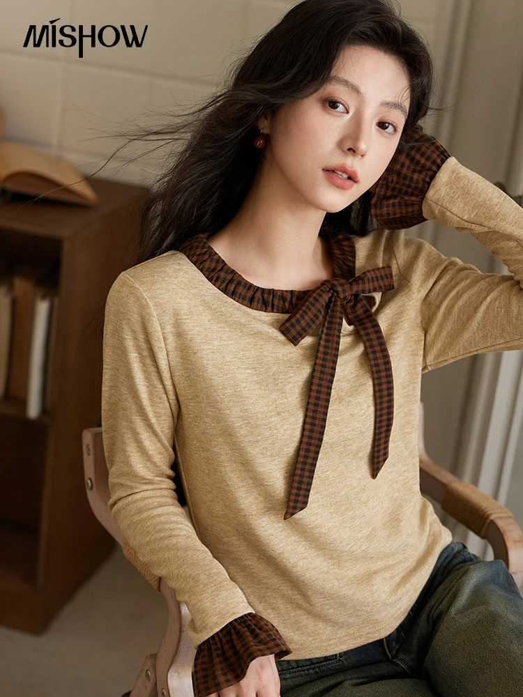 MISHOW вязаный свитер с бантом женский повседневный клетчатый низ топ 2024 осень-зима